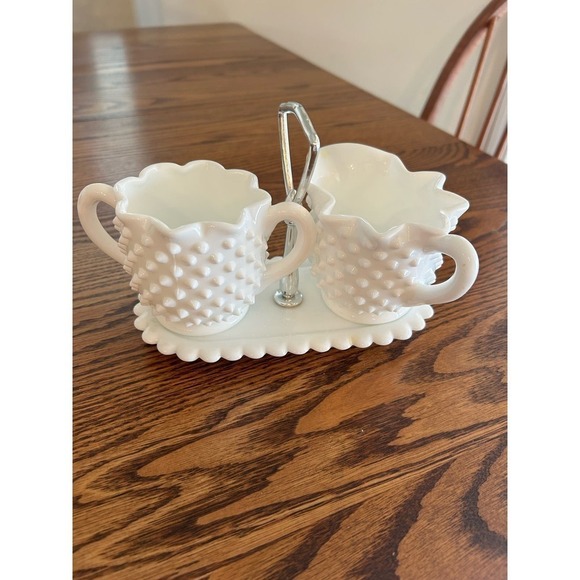 Hobnail White Mild Glass Sugar Bowl Creamer w/ Tray - Picture 2 of 6